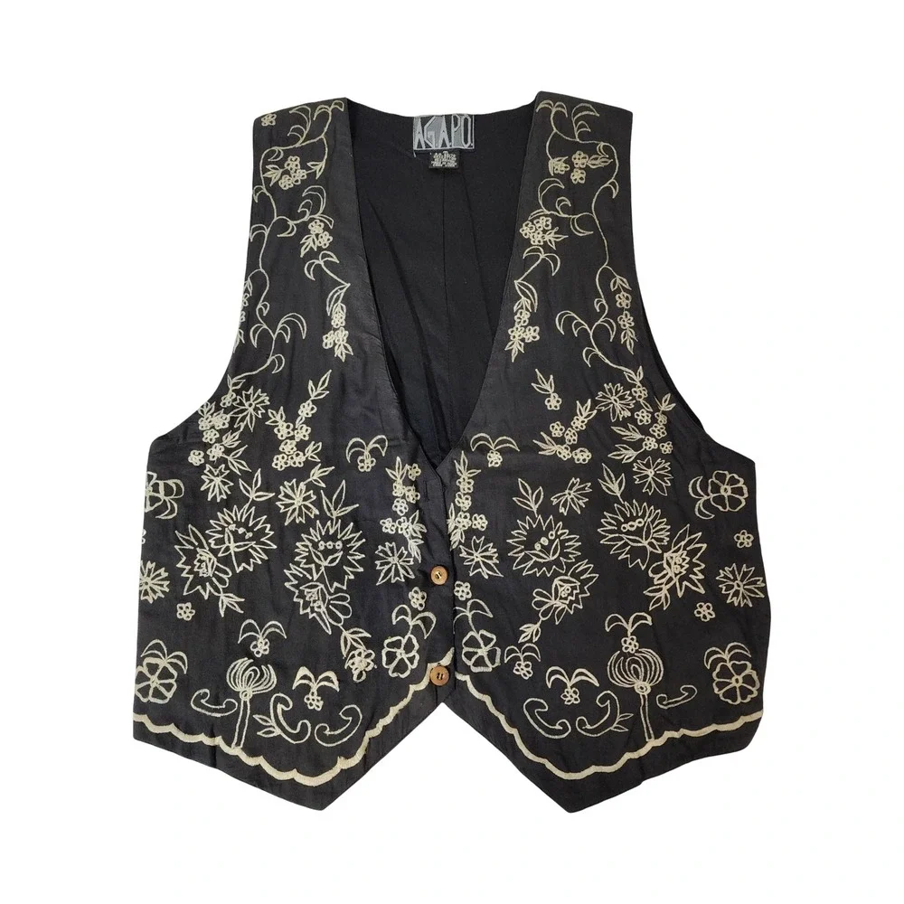Vintage‎ Agapo Black Embroidered Floral Sun Boho Vest Scalloped Medium India